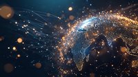 Glowing digital Earth map with connected dots and lines showing global network connectivity against dark background with light particles and bokeh effects.