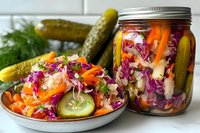 Homemade fermented vegetables in glass jar and plate with colorful pickled cabbage, carrots, and cucumbers for healthy probiotic diet.