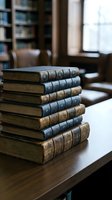 Stack of antique leather-bound books with decorative spines arranged on wooden desk in library setting with bookshelves and window light in background.