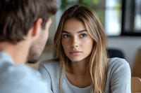 Young Caucasian woman with blonde hair in gray sweater looking intently at conversation partner during serious discussion in home or office setting.