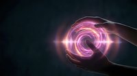 Human hands creating glowing pink energy spiral with magical light effects on dark background for fantasy and supernatural concepts.