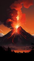 Dramatic volcanic eruption at night with glowing lava flows and ash clouds illuminating mountain landscape, silhouetted forest and lake reflection in orange and red tones.