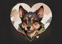 Adorable chihuahua dog portrait in heart frame wearing military style collar. Brown and black puppy with big eyes on dark background. Cartoon style illustration.