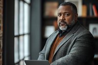 Mature African American businessman in gray suit jacket working on laptop in modern office with natural lighting and professional atmosphere.
