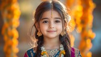 Young South Asian girl wearing traditional Indian attire with jewelry and maang tikka smiling at camera. Colorful orange marigold garlands create soft bokeh background.