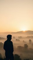 Male silhouette watching sunrise over misty valley landscape with rolling hills and morning fog creating peaceful contemplative atmosphere.