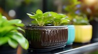 Small green houseplants growing in decorative ceramic pots of brown, turquoise and yellow colors arranged on windowsill with natural light and bokeh effect.