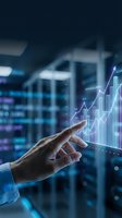 Businessman hand touching holographic financial growth chart with upward arrow trend in modern data center for investment analysis and market forecasting.