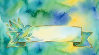 Watercolor banner with olive branch and flowing ribbon on soft blue, green, and yellow gradient background for invitations and design projects.
