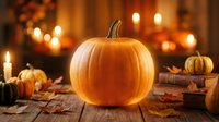Orange pumpkin on rustic wooden table with autumn leaves and warm candlelight creating cozy fall atmosphere for seasonal decorating and harvest celebrations.