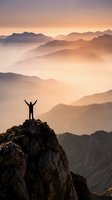 Silhouette of victorious hiker with raised arms standing on rocky mountain peak at sunrise with layered mountain ranges and golden mist in background.