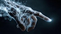 Digital hand dissolving into glowing network connections with electric blue energy streams flowing through fingertips on dark background.
