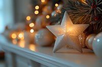 Glowing white star decoration with silver glitter on mantel against blurred Christmas lights and ornaments creating magical holiday atmosphere and festive bokeh effect.