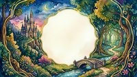 Enchanted forest frame with fairy tale castle, magical trees, stone bridge and crescent moon creating mystical border for text or design elements.