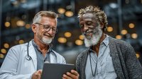 Two diverse senior male doctors smiling while reviewing patient data on digital tablet in modern hospital setting with warm lighting and professional atmosphere.