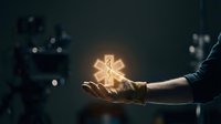 Medical professional holding glowing emergency star symbol in hand against dark background with bokeh lights, representing healthcare services and emergency medical care.