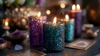 Glittering candles in purple and teal with magical sparkles create mystical ambiance on dark table with crystals and tarot cards for spiritual practices.