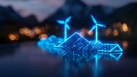 Glowing blue hologram of sustainable energy system with wind turbines and solar panels floating above dark surface against blurred city lights background.
