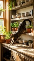 Tabby cat stretching on rustic wooden shelves filled with ceramic bowls, potted herbs and plants near sunny window in farmhouse kitchen interior.