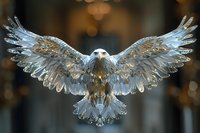 Majestic crystal eagle with spread wings soaring against blurred golden bokeh background, showcasing power and grace in transparent glass-like form.