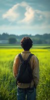 Young man with backpack standing in green field looking at scenic rural landscape with dramatic clouds and sunlight. Peaceful summer countryside view.