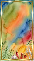 Watercolor illustration of fresh vegetables and herbs with vibrant color wash background, featuring tomatoes, garlic, chili peppers, rosemary, and dining utensils for culinary and food design projects.