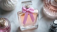 Luxury fragrance bottle with pink ribbon bow surrounded by cosmetic accessories and pearls on marble surface, suitable for beauty, perfume, and fashion marketing.
