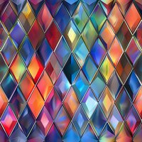 Vibrant diamond pattern with metallic gold outlines featuring multicolored gradient fills in blue, orange, red and purple creates seamless geometric background.