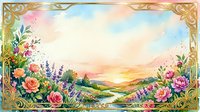Watercolor floral landscape with golden ornate frame, blooming roses, lavender, and sunset sky over a peaceful river valley.