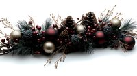 Festive winter garland with burgundy and champagne ornaments, pine cones, frosted evergreen branches, and delicate berries on white background, isolated for holiday decor.