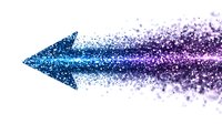Sparkling blue arrow dissolving into purple glitter particles against white background, creating dynamic motion effect for business presentations and design projects.