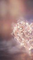 Glowing circuit board pattern with warm light effects on blurred background for technology and innovation concepts.