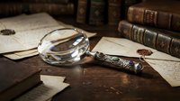Magnifying glass with ornate handle resting on aged documents and antique books on wooden desk, vintage study scene for research, education, and historical exploration themes.