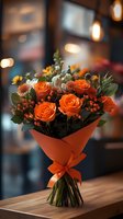 Vibrant orange roses and berries bouquet wrapped in matching paper, adorned with ribbon bow, on wooden surface against blurred cafe lights background.