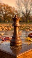 Wooden chess queen piece on board with autumn leaves in warm golden sunlight outdoors for strategy games and seasonal recreation concepts.