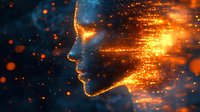 Glowing profile silhouette with particles transforming from dark blue to bright orange, magical sparkles and light effects creating ethereal atmosphere.