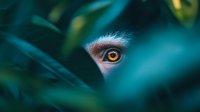 Mysterious amber eye peering through lush green foliage creates dramatic atmosphere with selective focus and artistic macro photography composition.