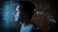 Young man profile with digital network overlay representing artificial intelligence and machine learning technology concepts.