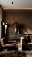 Luxurious living room with warm brown velvet furniture, dark textured accent wall, wooden console table with red roses in gold vase, and ambient ceiling lighting for interior design and home decor projects.