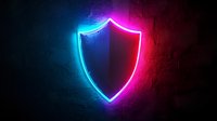 Glowing neon shield symbol with blue and red gradient lighting effects against dark background, security and protection concept for digital designs.