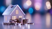 Small house model with stacked coins representing real estate investment, mortgage savings, property financing and home buying concept with bokeh lights.