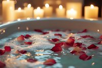 Luxurious spa bath with floating red rose petals and glowing candles creating romantic atmosphere. Warm water with gentle bubbles sets mood for relaxation and wellness.