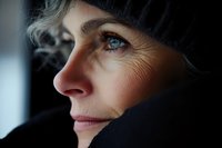 Close-up profile portrait of mature Caucasian woman in winter hat and scarf looking up thoughtfully, dramatic side lighting highlights facial features.