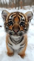 Close-up portrait of adorable tiger cub standing in snow, looking directly at camera with bright eyes and distinctive striped markings. Wildlife conservation concept.