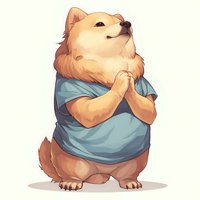 Cute cartoon Pomeranian dog wearing blue t-shirt standing on hind legs with paws clasped together in pleading or praying pose. Kawaii animal character illustration.