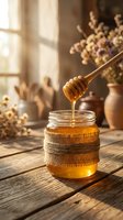 Golden honey dripping from wooden dipper into glass jar with burlap decoration on rustic wooden table in warm sunlit kitchen setting with dried flowers.