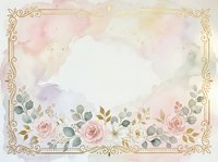 Vintage floral frame with soft pink roses, eucalyptus leaves, and ornate gold borders on watercolor background. Isolated design element for invitations, greeting cards, and wedding stationery projects.
