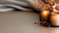 Glowing candles with copper decorative elements and pine cone on neutral background create cozy autumn atmosphere. Elegant holiday composition with copy space.