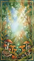 Enchanted forest floor with red and orange mushrooms, golden bokeh lights filtering through canopy, ferns and foliage, ornate gold border frame, watercolor woodland fantasy art.
