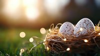Speckled eggs nestled in natural straw nest with soft bokeh lights and warm sunset glow in background, creating magical spring atmosphere.